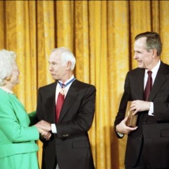 President and Mrs Bush award the Presidential Medal of Freedom to comedian Johnny Carson