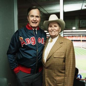 President Bush greets Gene Autry before a game between the Baltimore Orioles and the California Angels