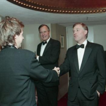 President Bush introduces Vice President Dan Quayle to Dana Carvey at a reception for Kennedy Center honorees