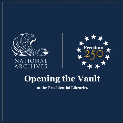 dark blue square with white NARA logo, Freedom 250 logo and exhibit title