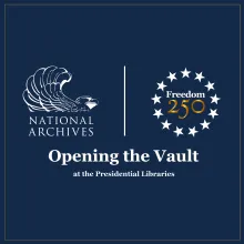 dark blue square with white NARA logo, Freedom 250 logo and exhibit title
