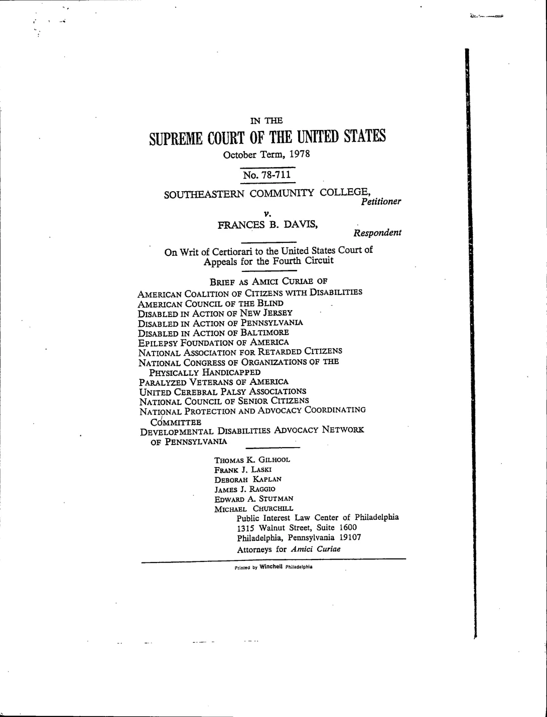 First page of the Southeastern Community College v. Davis amicus brief