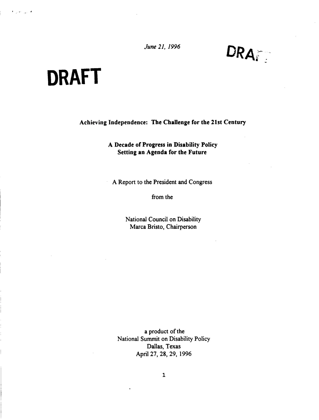 Title page of the Achieving Independence draft.