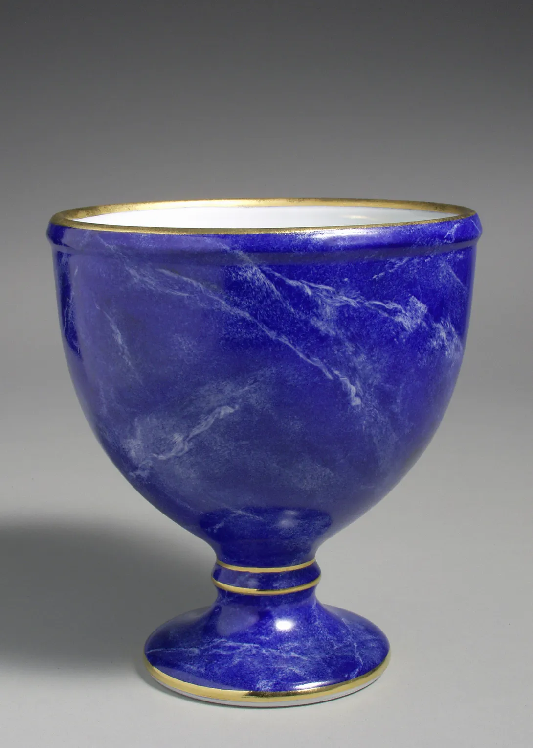 Footed Vase Featuring Blue Marbled Design and Gold-Leaf