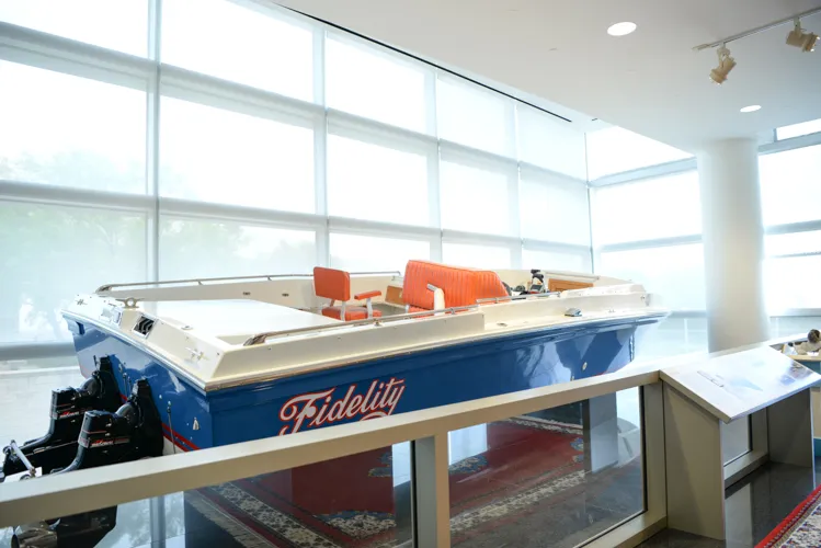 George Bush purchased this 28-foot, 8-inch Cigarette boat in 1973, with the proceeds from the sale of his stock in the Fidelity Printing Company of Houston. This type of boat was designed for offshore powerboat racing on the open sea. Fidelity was equipped with twin 185-horsepower inboard engines and could reach speeds up to 50 mph. President Bush used Fidelity often, not just for fishing and family recreation, but also as a tool of diplomacy in entertaining foreign heads-of-state.