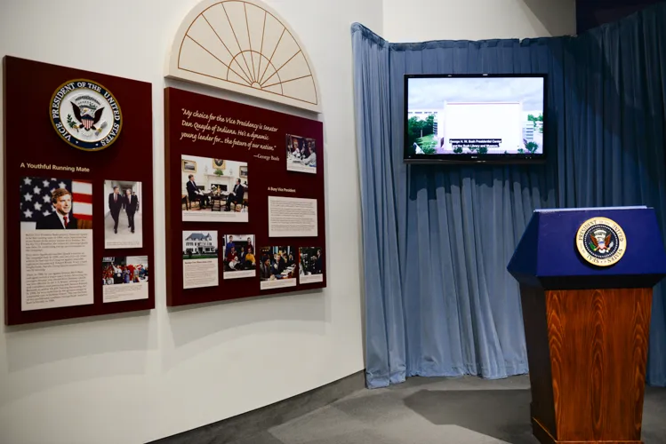Press Room Theater Exhibit featuring presidential podium
