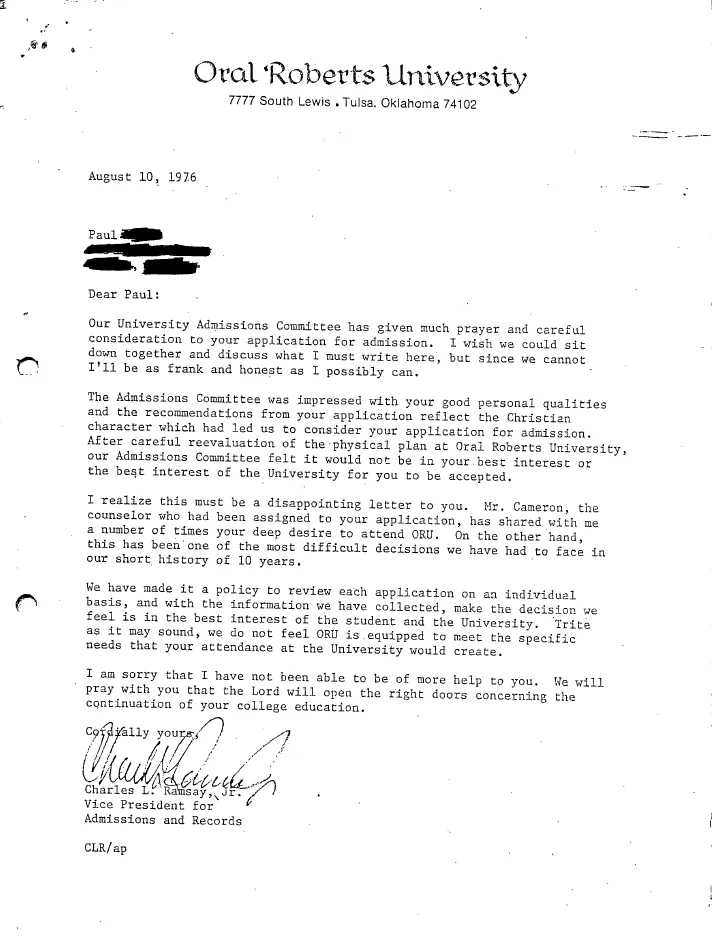 1976 letter from Oral Roberts University demonstrating discrimination faced at higher education institutions. These were submitted by the Oklahoma Coalition of Citizens with Disabilities in their complaint against the university in 1977.
