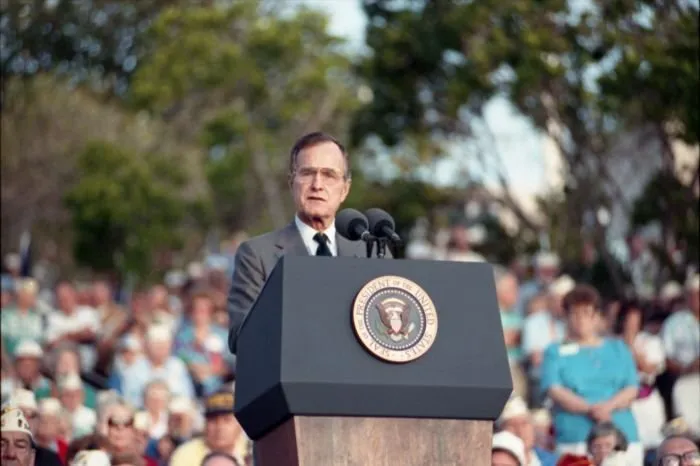 President Bush addresses Pearl Harbor Survivors during a ceremony at the National Cemetery of the Pacific, also known as The Punchbowl.