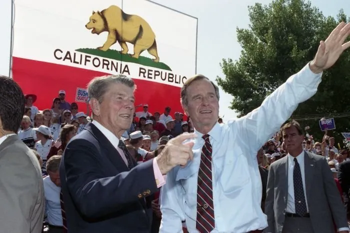 President Bush and former President Reagan campaigning at the Orange County welcome rally, Anaheim, California