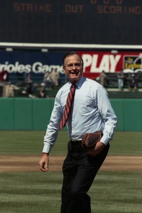 President Bush throws the first pitch for the opening day of the 1989 baseball season
