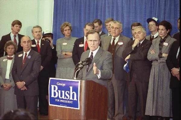 Vice President George H. Bush holds a press conference in Nashua, NH,