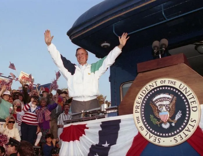 President Bush addresses the people of Burlington, NC during the Whistle-Stop Campaign
