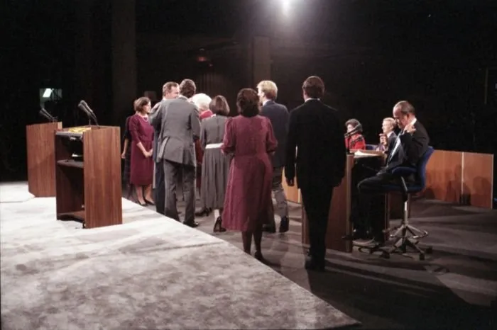 Vice President Bush, Vice Presidential Candidate Geraldine Ferraro, and their families greet each other following the 1984 Vice Presidential Debate in Philadelphia, Pennsylvania