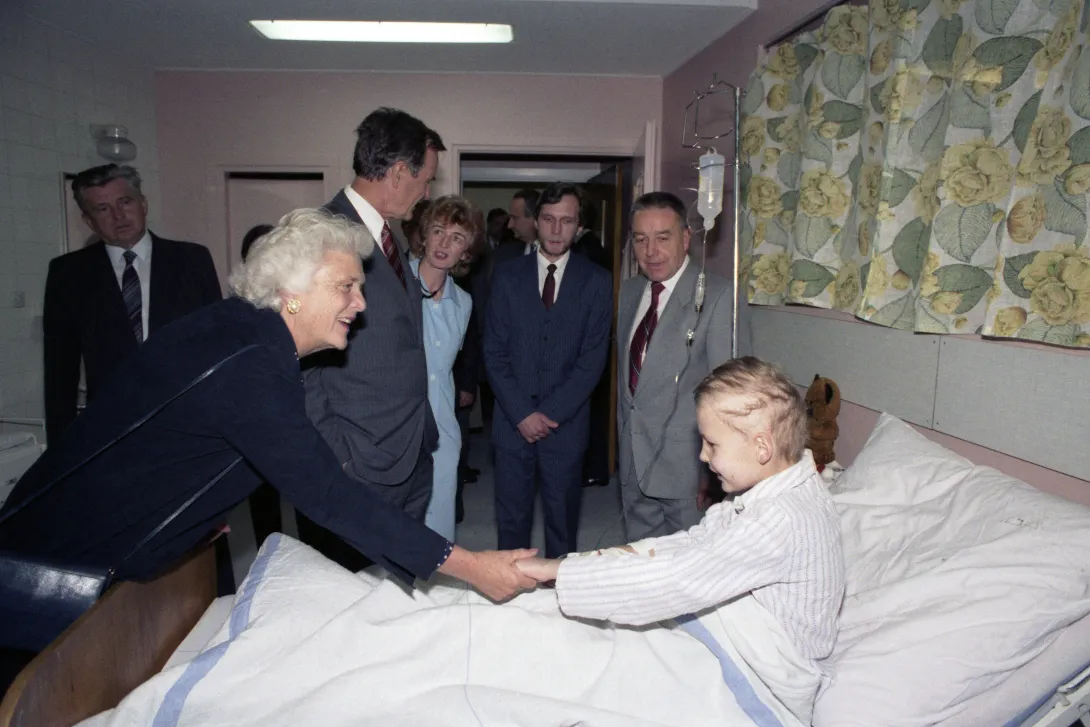 Vice President Bush visits the Leukemia ward in a Children's Hospital in Krakow, Poland