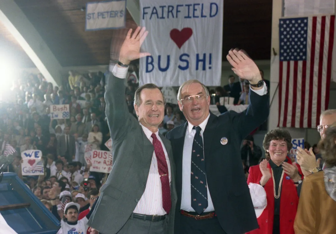 Vice President George Bush campaigns in Fairfield, CT with Senator Lowell Weicker