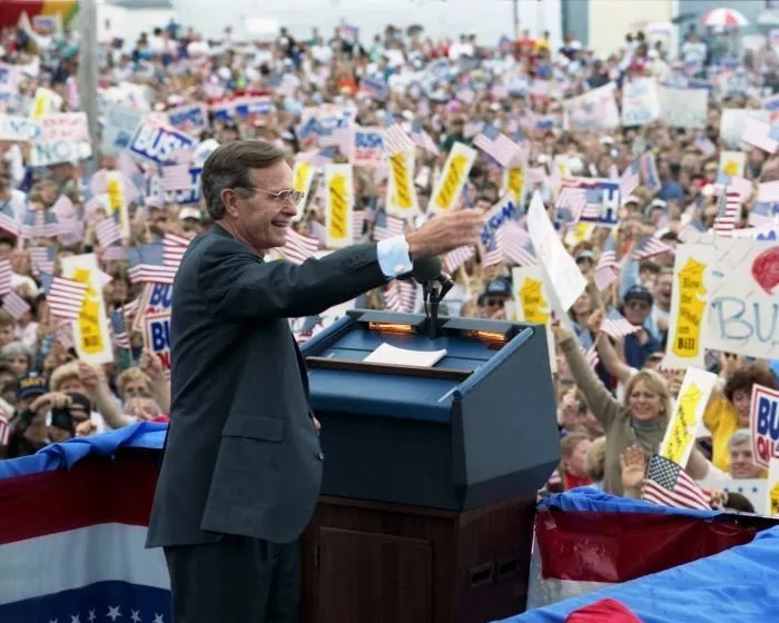 President Bush addresses a crowd in Bowling Green, OH during his whistle-stop campaign