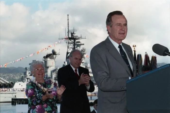 President Bush gives a speech at Kilo 8 Pier in Pearl Harbor commemorating the 50th anniversary of the Japanese attack on Pearl Harbor.