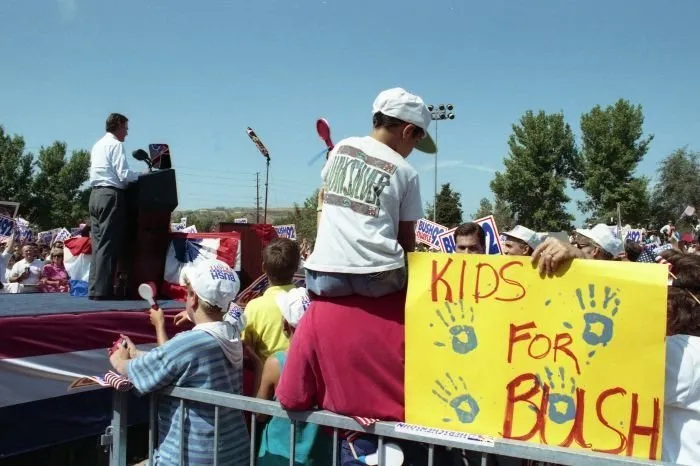 President Bush and former President Reagan campaigning at the Orange County welcome rally, Anaheim, California