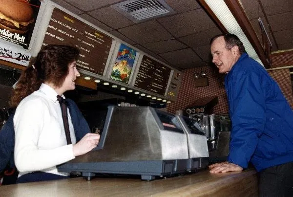 Vice President Bush visits a McDonald's in Nashua, New Hampshire