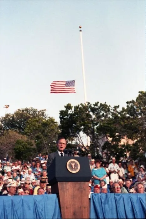 President Bush addresses the crowd at the National Memorial Cemetery of the Pacific during a ceremony honoring Pearl Harbor Survivors on the 50th anniversary of the attack.