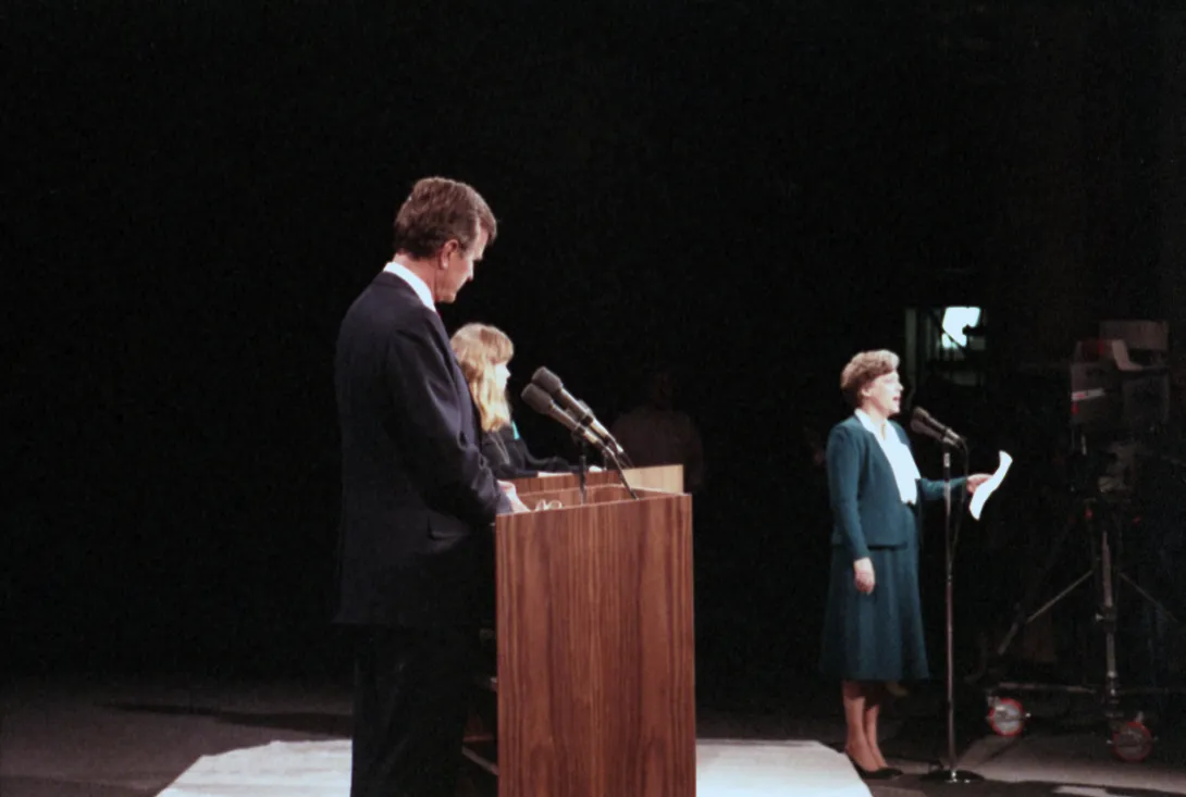 Vice President Bush practices onstage for 1984 Vice Presidential Debate between himself and Geraldine Ferraro, held in Philadelphia, Pennsylvania