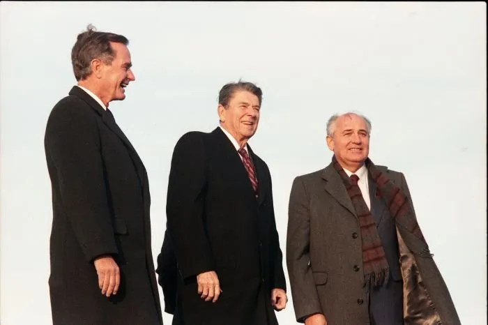 President-Elect Bush, President Reagan, and President Gorbachev at the Governor's Island Summit in New York