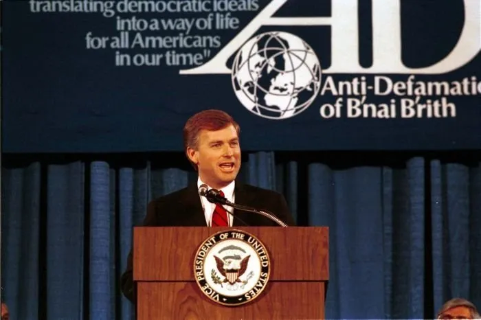 Vice President Dan Quayle speaks at an Anti-Defamation Conference in Palm Beach, Florida