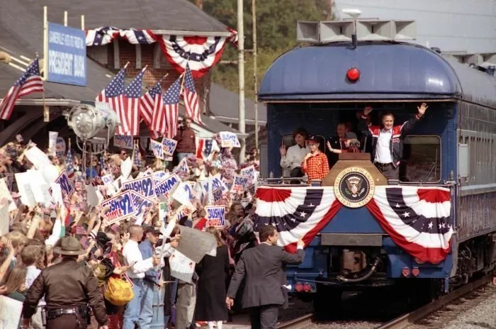 President Bush greets the Gainesville Welcome at the Gainesville Train Station from the back of "The Spirit of America"