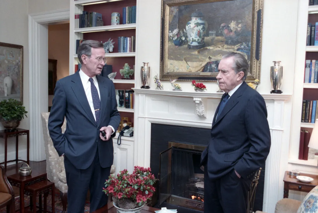 Vice President Bush meets with former President Richard Nixon at the VP Residence