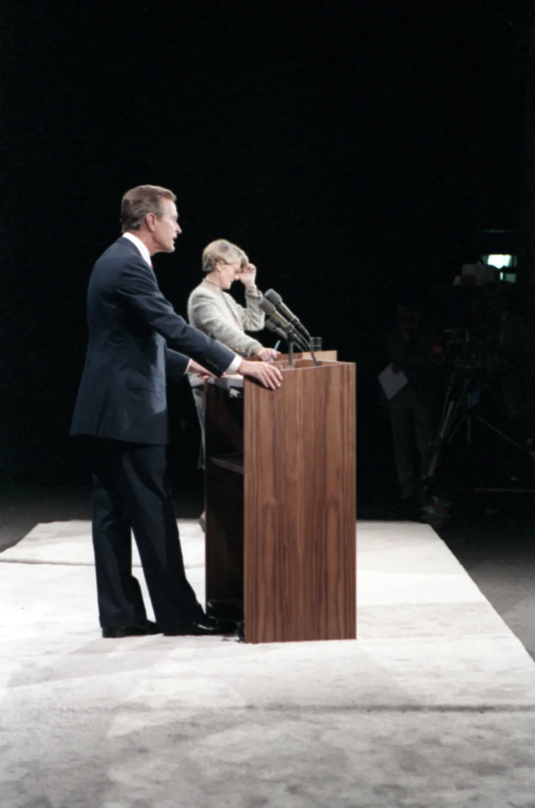 Vice President Bush and New York Congresswoman Geraldine Ferraro engage in the 1984 Vice Presidential Debate in Philadelphia, Pennsylvania