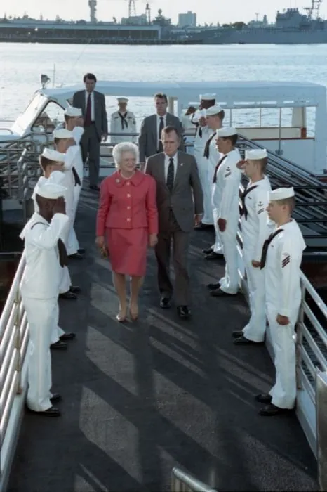 President and Mrs. Bush arrive at the USS Arizona Memorial for a ceremony commemorating the 50th anniversary of the Japanese attack on Pearl Harbor.