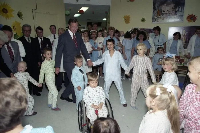 Vice President Bush visits the Leukemia ward in a Children's Hospital in Krakow, Poland