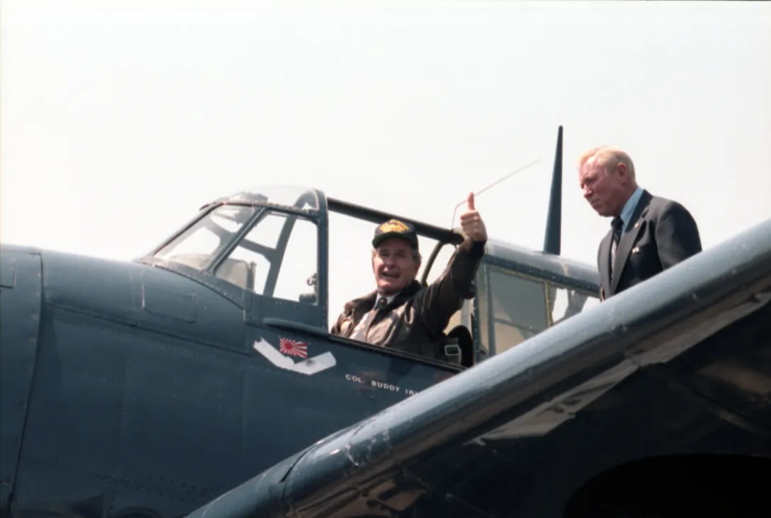 Vice President George Bush sits in the cockpit of a TBF Avenger during ceremony at Naval Station Norfolk, Virgina commemorating the 40th anniversary of the day he was shot down over Chi Chi Jima and rescued by the USS Finback  on September 2, 1944.