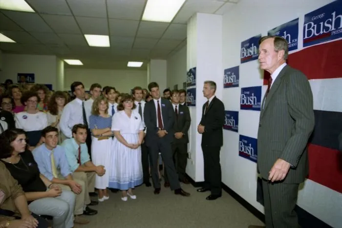 Vice President Bush speaks at a "George Bush for President" meeting at campaign headquarters in Washington, DC