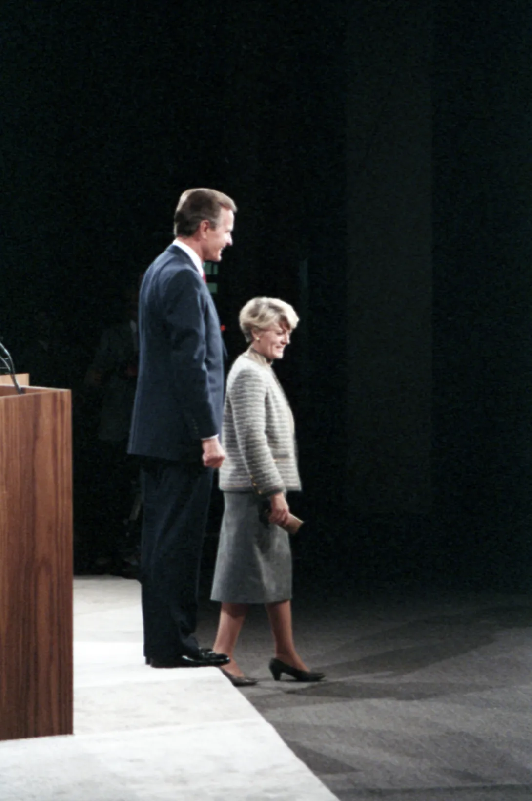 Vice President Bush and New York Congresswoman Geraldine Ferraro exit the stage after engaging each other in the 1984 Vice Presidential Debate in Philadelphia, Pennsylvania