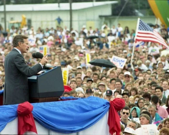President Bush addresses a crowd in Bowling Green, OH during his whistle-stop campaign