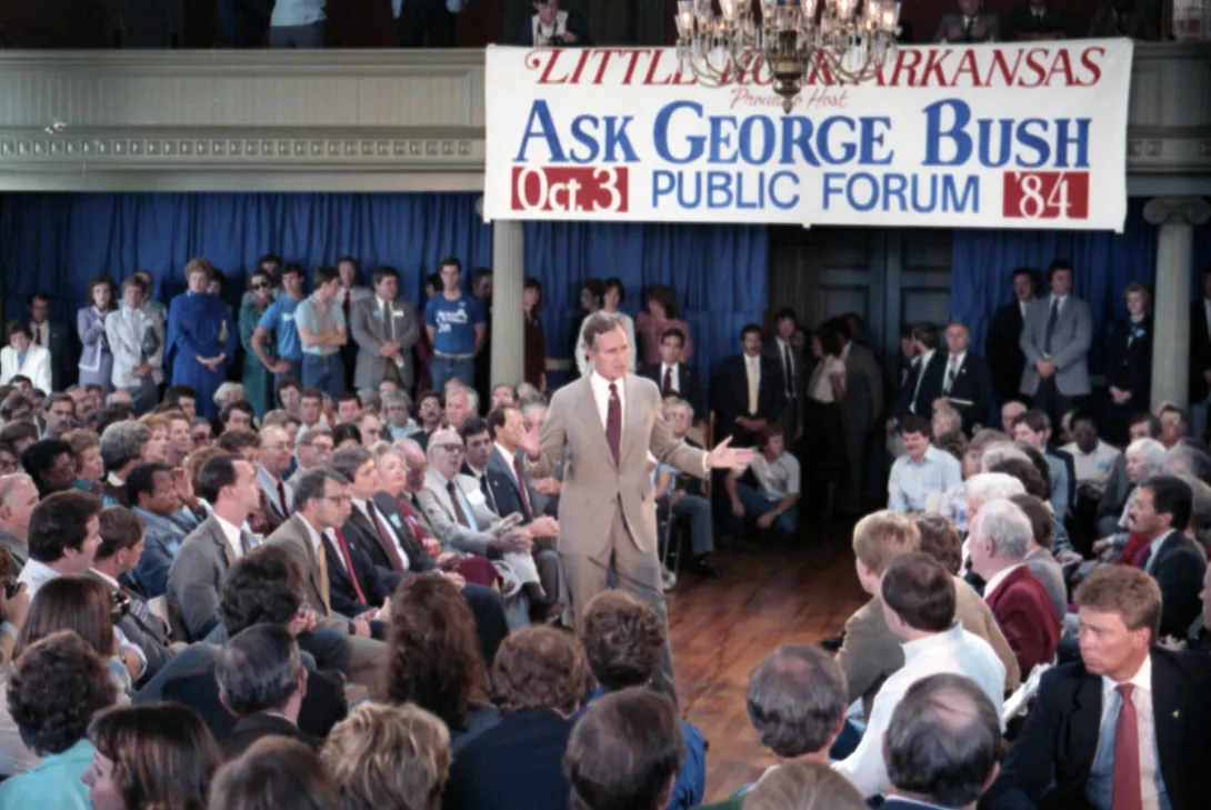 Vice President Bush participates in an "Ask George Bush" question and answer session in Little Rock, Arkansas during the 1984 campaign