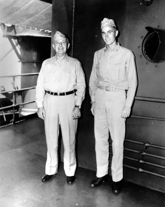 Lt(j.g.) George Bush, Naval Aviator, with Admiral James L. Kauffman, Commander of Destroyers and Cruisers Pacific Fleet