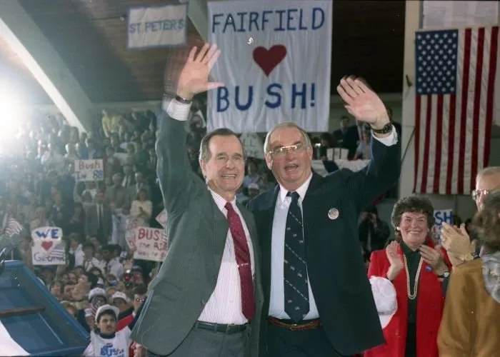 Vice President George Bush campaigns in Fairfield, CT with Senator Lowell Weicker