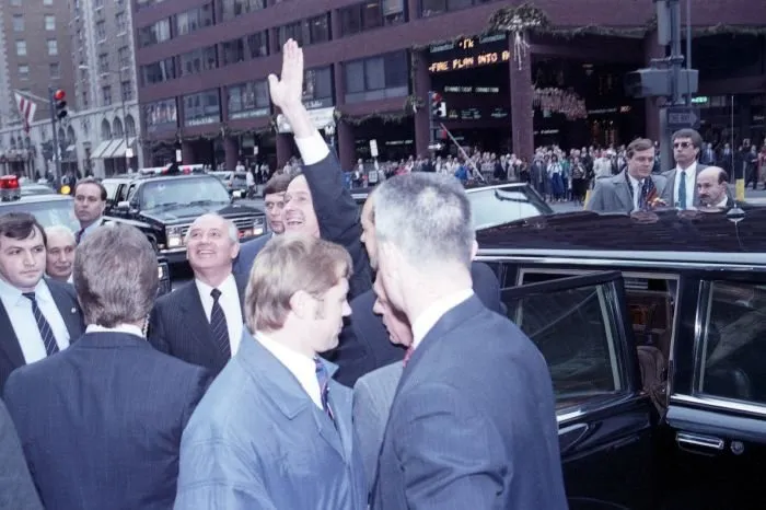 Vice President Bush and Mikhail Gorbachev stop on the streets of Washington, D.C