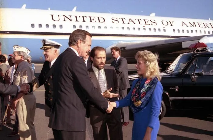Vice President Bush meets with supporters, including singer Lee Greenwood, on a campaign stop in Redding, California