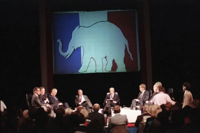 Vice President Bush participates in the first GOP Primary Debate, held in Houston, Texas, and aired on "Firing Line."  Participants are (L to R) Pete DuPont, George Bush, Alexander Haig, William F. Buckley (host), Robert Strauss (co-host), Jack Kemp, B...
