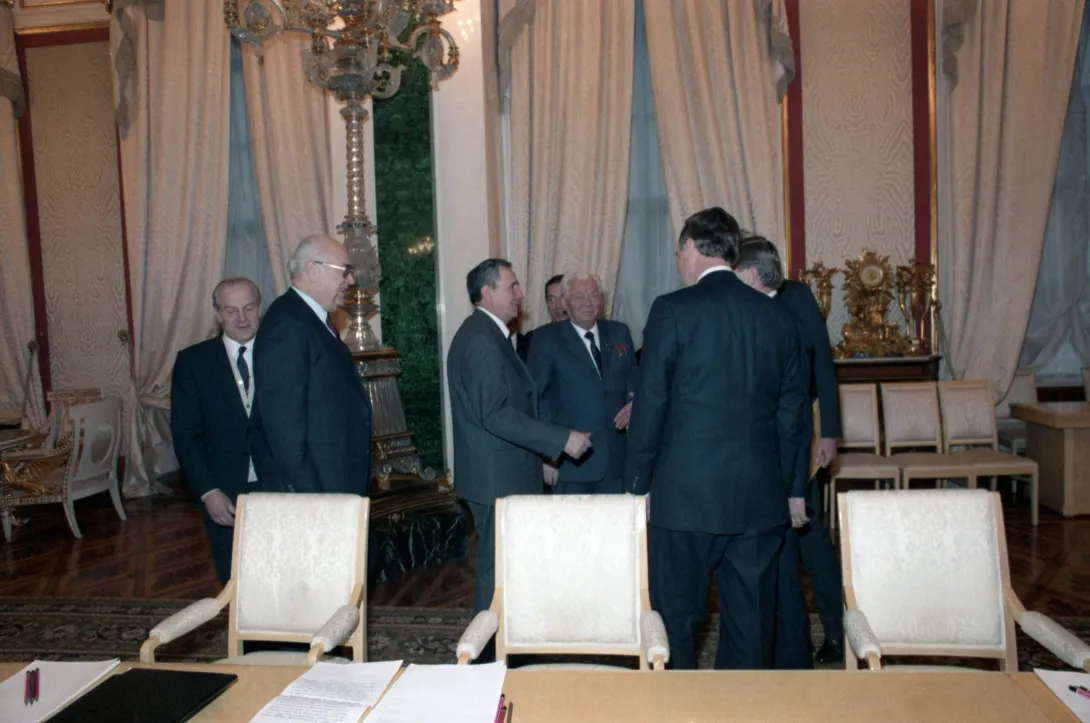 Vice President Bush, Senator Howard Baker, and U.S. Ambassador to the Soviet Union Arthur A. Hartman meet with General Secretary of the Central Committee of the Communist Party of the Soviet Union, Konstantin Chernenko, in Moscow following the funeral ...