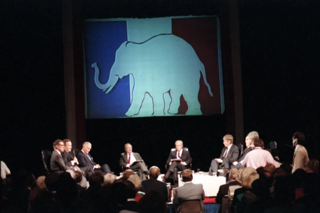 Vice President Bush participates in the first GOP Primary Debate, held in Houston, Texas, and aired on "Firing Line."  Participants are (L to R) Pete DuPont, George Bush, Alexander Haig, William F. Buckley (host), Robert Strauss (co-host), Jack Kemp, B...