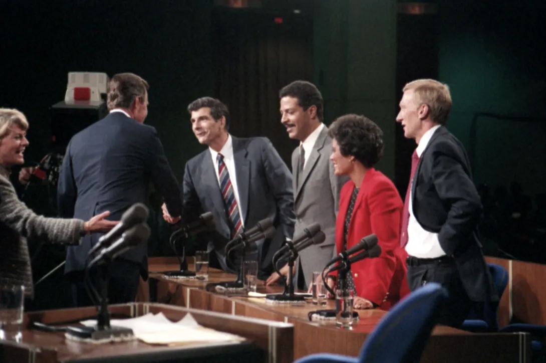 Vice President Bush and Vice Presidential Candidate Geraldine Ferraro greet the moderators following the 1984 Vice Presidential Debate in Philadelphia, Pennsylvania