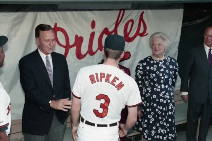President Bush,  Barbara Bush,  Queen Elizabeth, and Prince Philip greet Billy Ripken in the Orioles Dugout