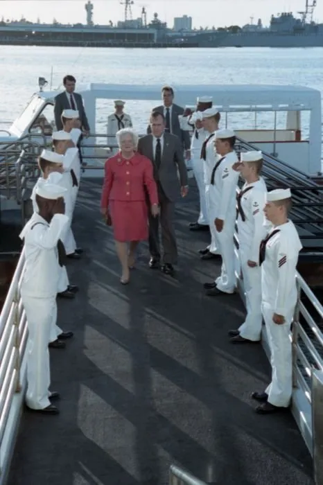 President and Mrs. Bush arrive at the USS Arizona Memorial for a ceremony commemorating the 50th anniversary of the Japanese attack on Pearl Harbor.