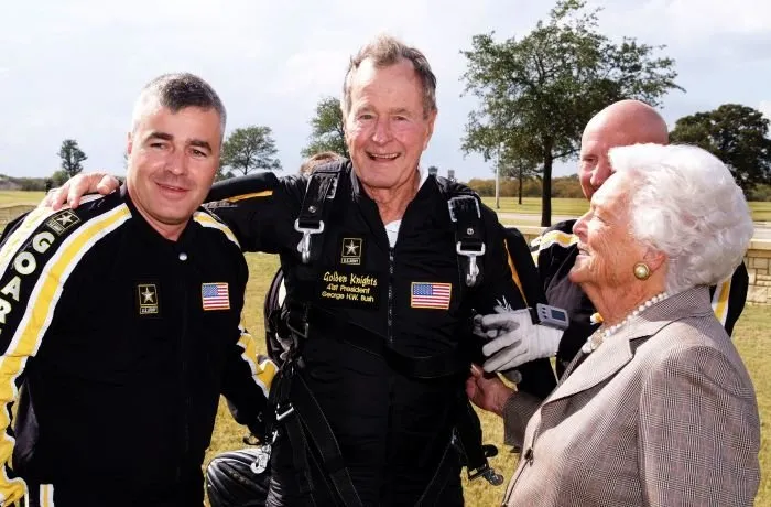 George Bush after Parachute Jump for 10th Anniversary of Library