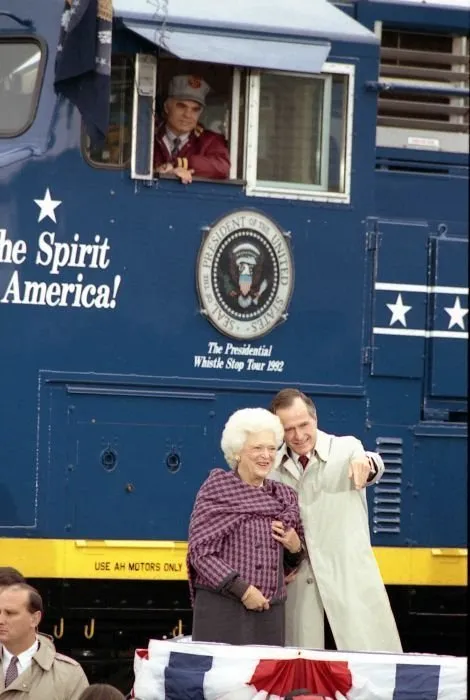 President Bush and Mrs Bush arrive at the Train Station in Burlington, WI