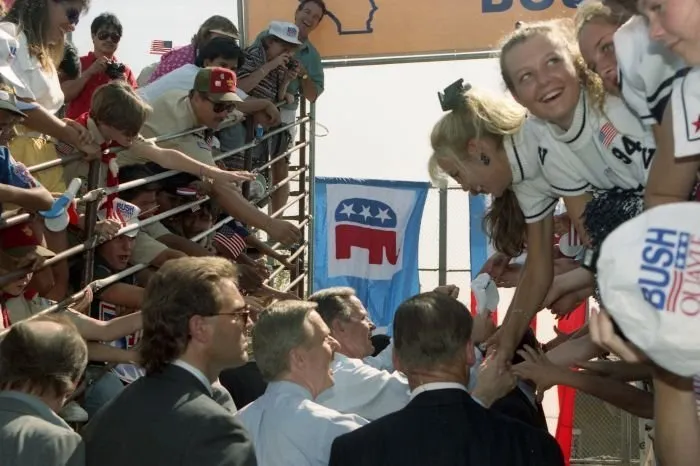 President Bush and former President Reagan campaigning at the Orange County welcome rally, Anaheim, California